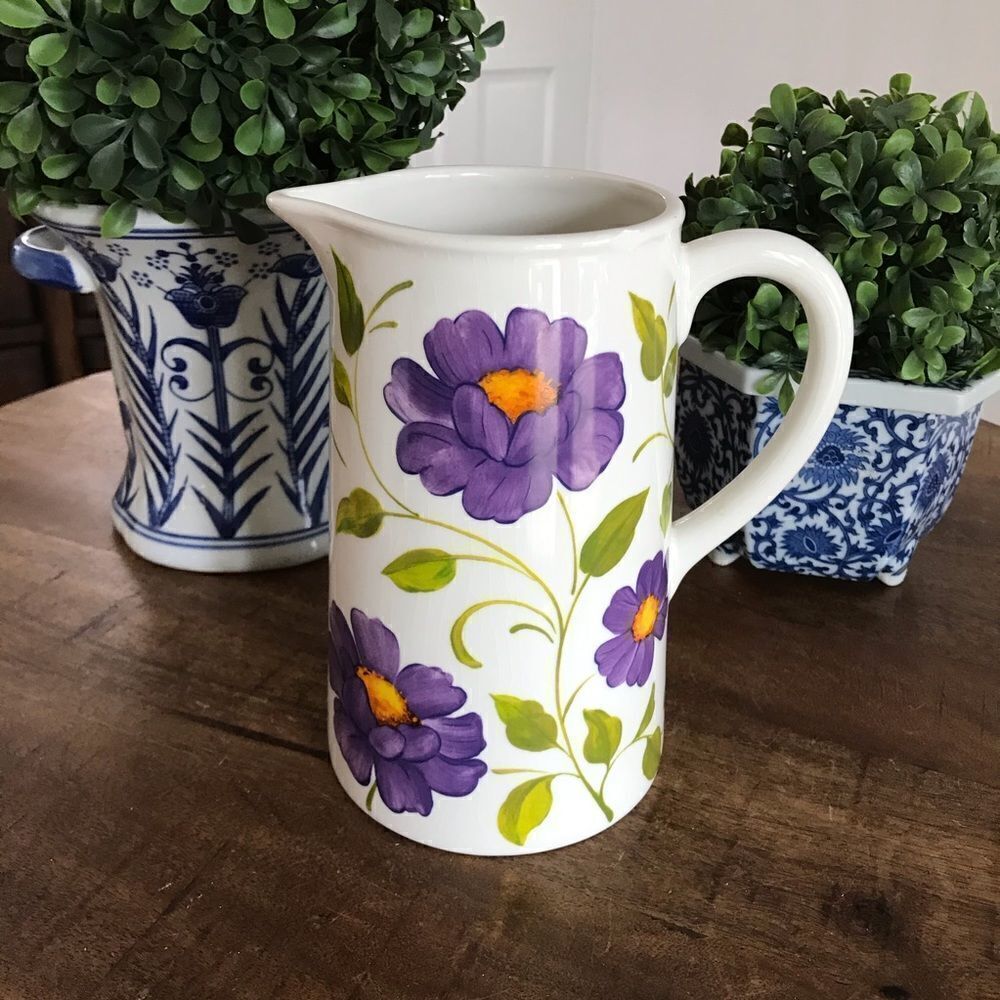 Purple pansy teleflora pitcher 8.5” excellent